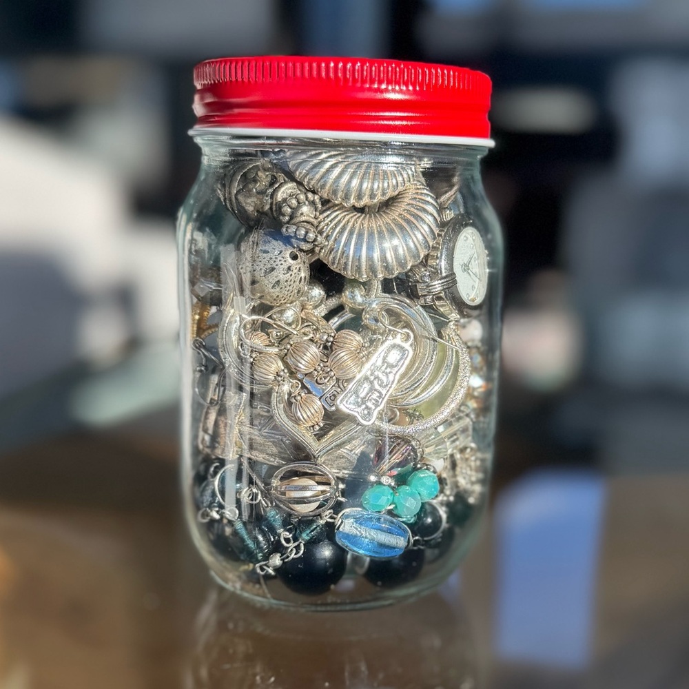 Silver Mystery Jewelry Jar In 5”x6” Draw String Bag